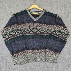 Vintage Michael Gerald Sweater Mens Large Purple Gray Geometric Knit 90s Grandpa
